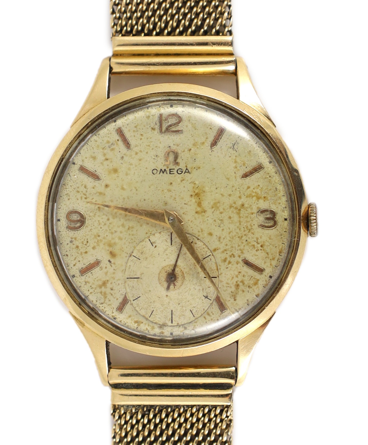 A gentleman's 1950's 18ct gold Omega manual wind wrist watch, on an Italian 750 yellow metal mesh link bracelet